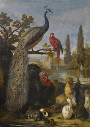 A Peacock, a Parrot, a Turkey, Roosters, Rabbits, and a Guinea Pig in a Park Landscape